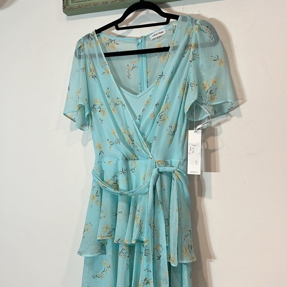 Calvin Klein Tiered Floral Pale Aqua Chiffon Boho midi  Dress size 6 women’s new - Picture 5 of 8